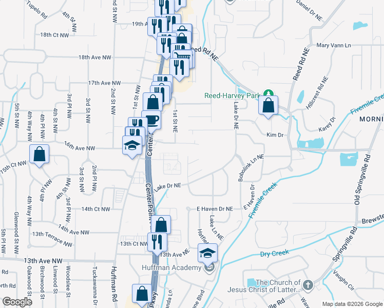 map of restaurants, bars, coffee shops, grocery stores, and more near 1541 Lake Park Drive in Center Point