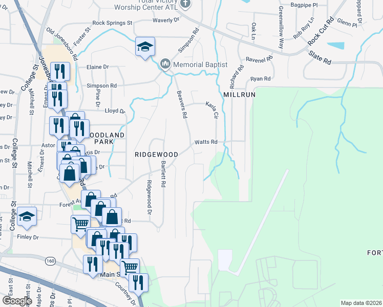 map of restaurants, bars, coffee shops, grocery stores, and more near 4681 Shaded Oak Lane in Forest Park