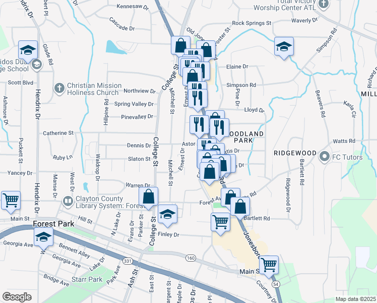 map of restaurants, bars, coffee shops, grocery stores, and more near 4671 Courtney Drive in Forest Park