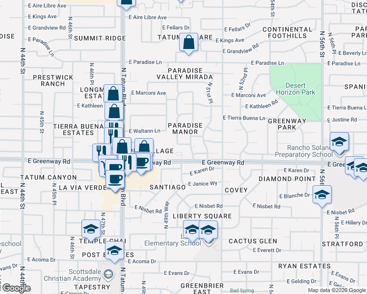 map of restaurants, bars, coffee shops, grocery stores, and more near 5025 East Waltann Lane in Scottsdale