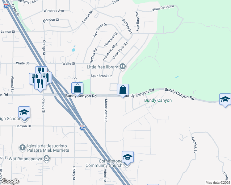 map of restaurants, bars, coffee shops, grocery stores, and more near 22585 Elbow Creek Trail in Wildomar