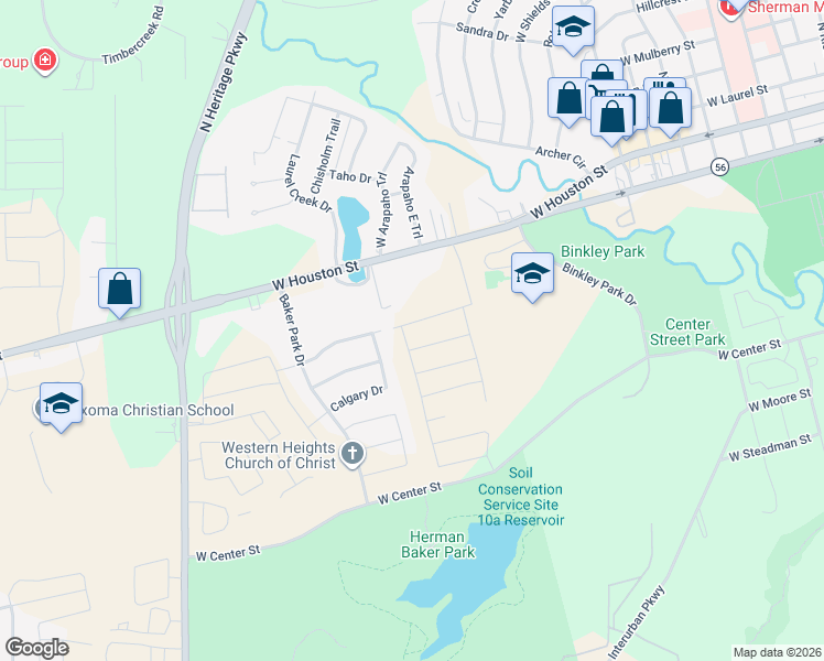 map of restaurants, bars, coffee shops, grocery stores, and more near 2310 West Houston Street in Sherman