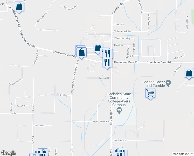 map of restaurants, bars, coffee shops, grocery stores, and more near 1587 Warrior Road in Anniston