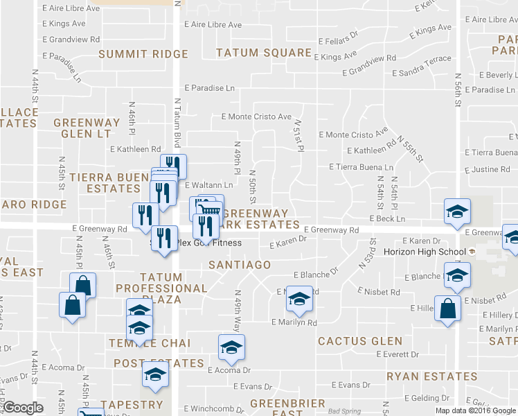 map of restaurants, bars, coffee shops, grocery stores, and more near 5009 East Waltann Lane in Scottsdale