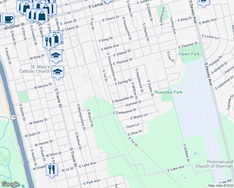 map of restaurants, bars, coffee shops, grocery stores, and more near 622 624 E Kentucky Street in Sherman