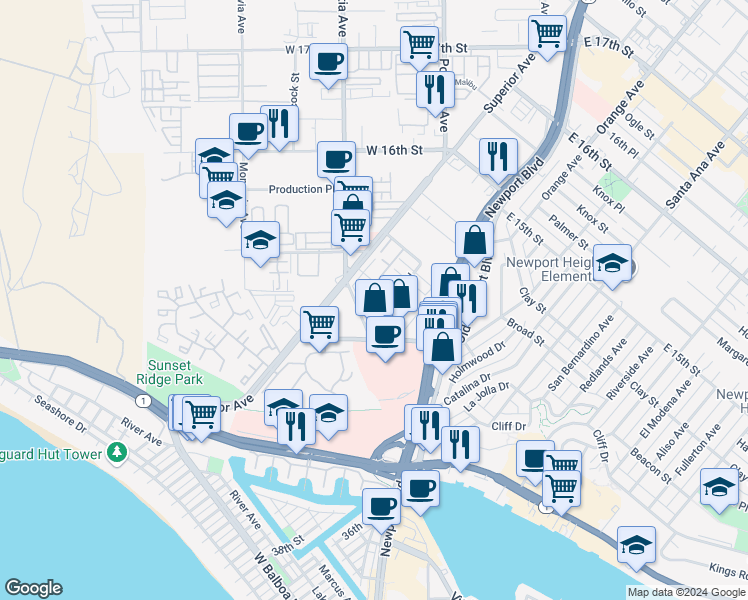 map of restaurants, bars, coffee shops, grocery stores, and more near 4214 Spindrift Road in Newport Beach