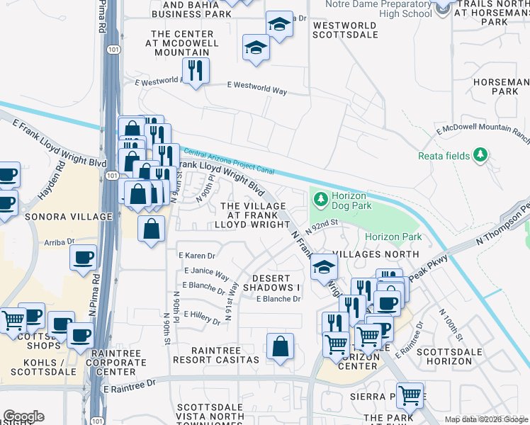 map of restaurants, bars, coffee shops, grocery stores, and more near 15550 North Frank Lloyd Wright Boulevard in Scottsdale