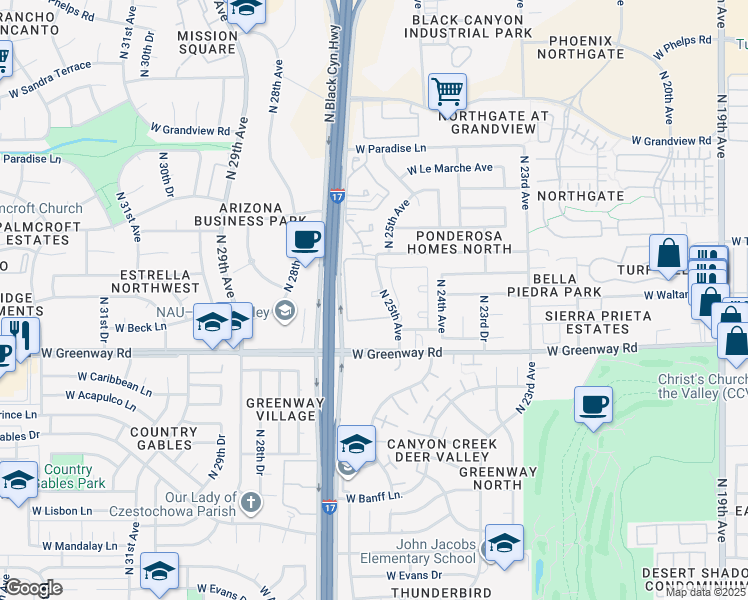 map of restaurants, bars, coffee shops, grocery stores, and more near 15620 North 25th Avenue in Phoenix