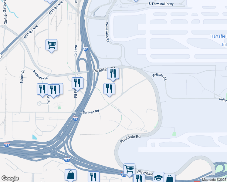 map of restaurants, bars, coffee shops, grocery stores, and more near 1899 Sullivan Road in Atlanta