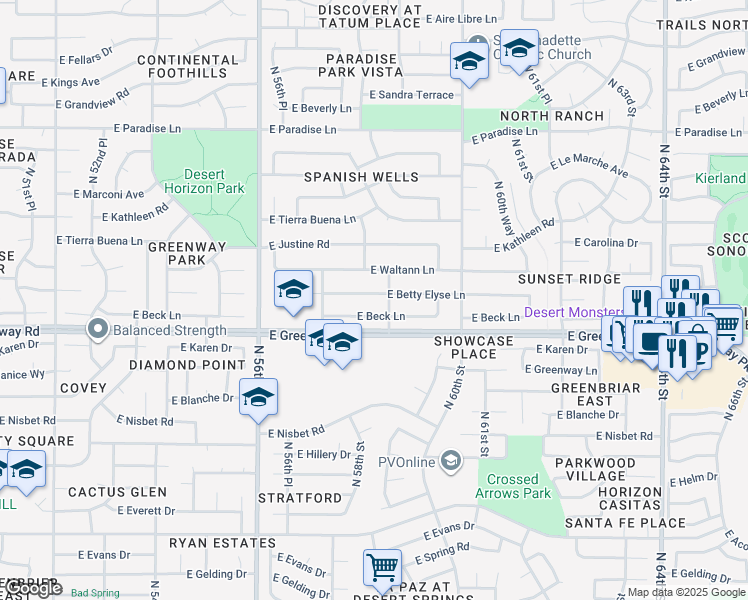 map of restaurants, bars, coffee shops, grocery stores, and more near 5801 East Betty Elyse Lane in Scottsdale
