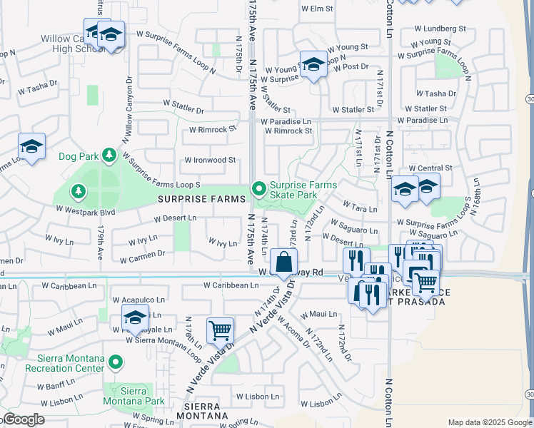 map of restaurants, bars, coffee shops, grocery stores, and more near 17429 West Saguaro Lane in Surprise