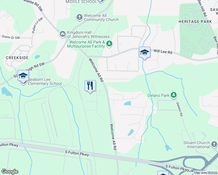 map of restaurants, bars, coffee shops, grocery stores, and more near 4700 Welcome All Road in College Park