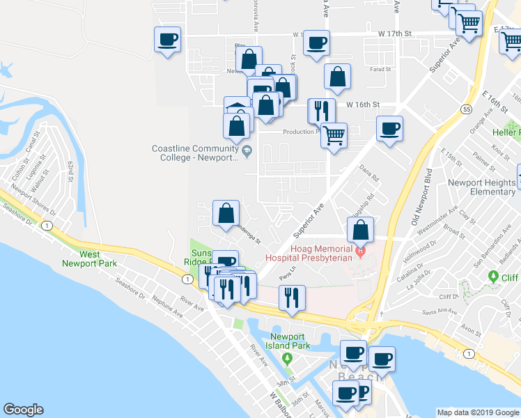 map of restaurants, bars, coffee shops, grocery stores, and more near 8 Mojo Court in Newport Beach
