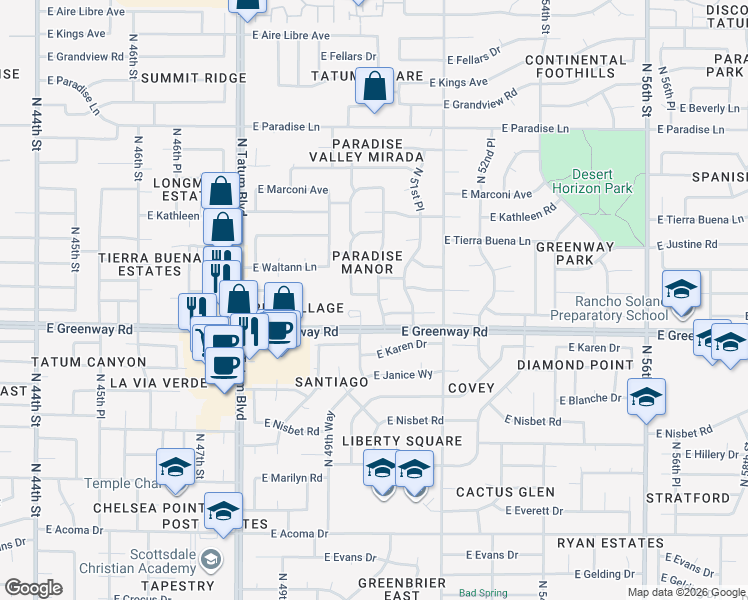 map of restaurants, bars, coffee shops, grocery stores, and more near 5025 East Waltann Lane in Scottsdale