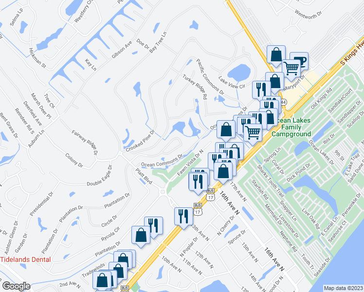 map of restaurants, bars, coffee shops, grocery stores, and more near 189 Ocean Commons Drive in Surfside Beach