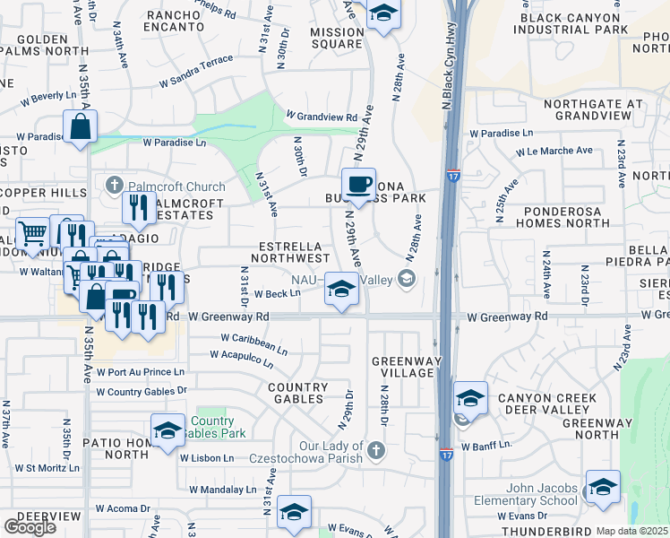 map of restaurants, bars, coffee shops, grocery stores, and more near 15448 North 30th Avenue in Phoenix