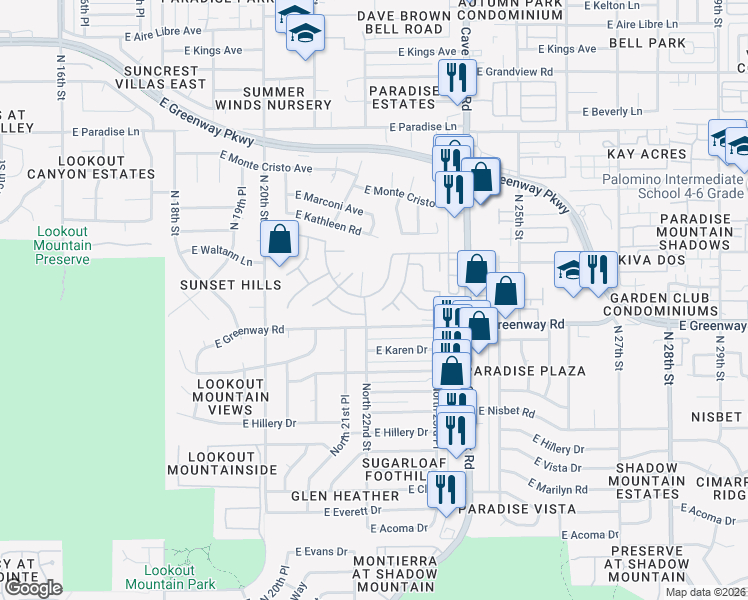 map of restaurants, bars, coffee shops, grocery stores, and more near 2205 East Waltann Lane in Phoenix