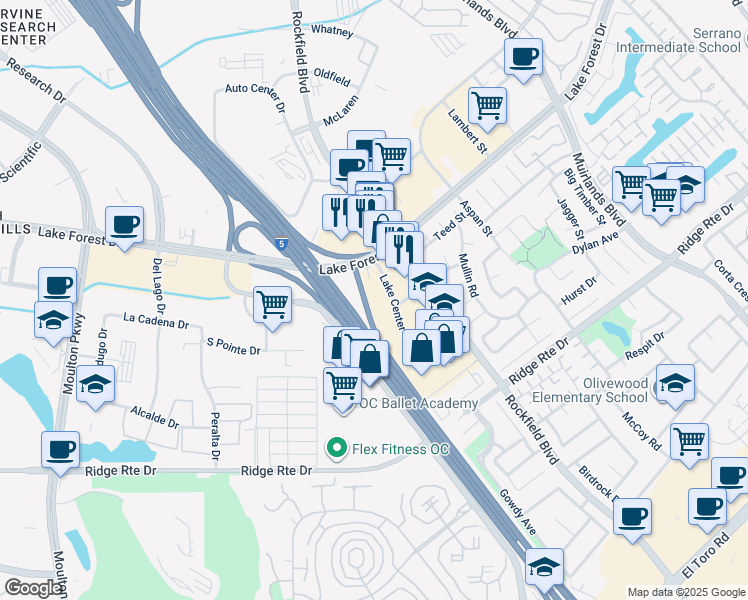 map of restaurants, bars, coffee shops, grocery stores, and more near 23101 Lake Center Drive in Lake Forest