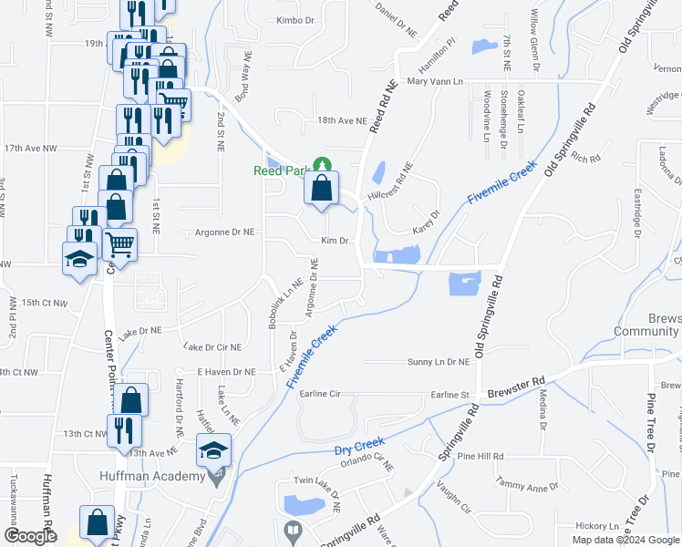 map of restaurants, bars, coffee shops, grocery stores, and more near 1716 Bobolink Lane Northeast in Center Point