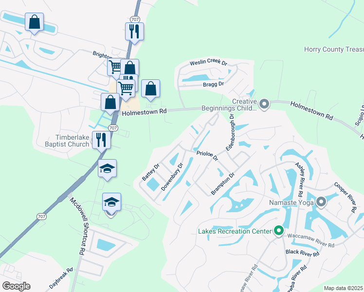 map of restaurants, bars, coffee shops, grocery stores, and more near 411 Prioloe Drive in Myrtle Beach