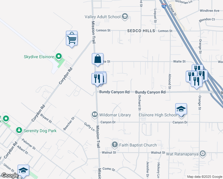 map of restaurants, bars, coffee shops, grocery stores, and more near 33975 Christopher Lane in Wildomar