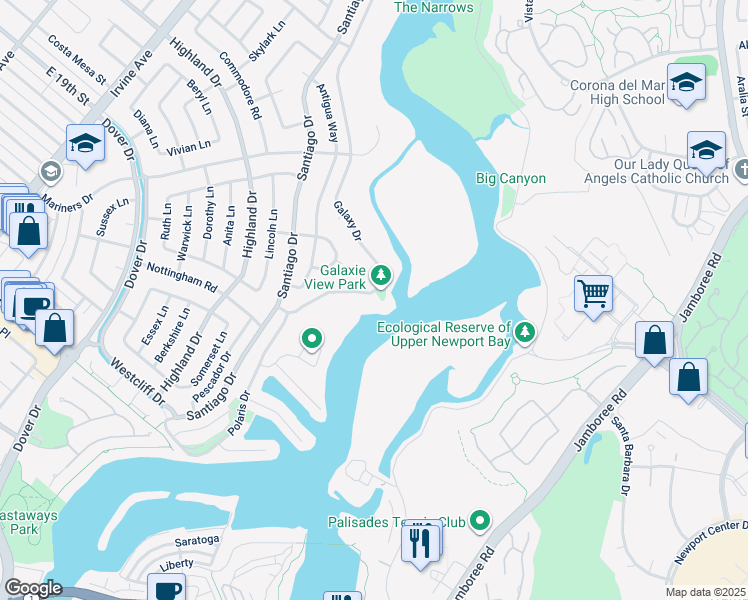 map of restaurants, bars, coffee shops, grocery stores, and more near 1392 Galaxy Drive in Newport Beach