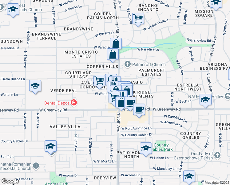 map of restaurants, bars, coffee shops, grocery stores, and more near 3318 West Waltann Lane in Phoenix