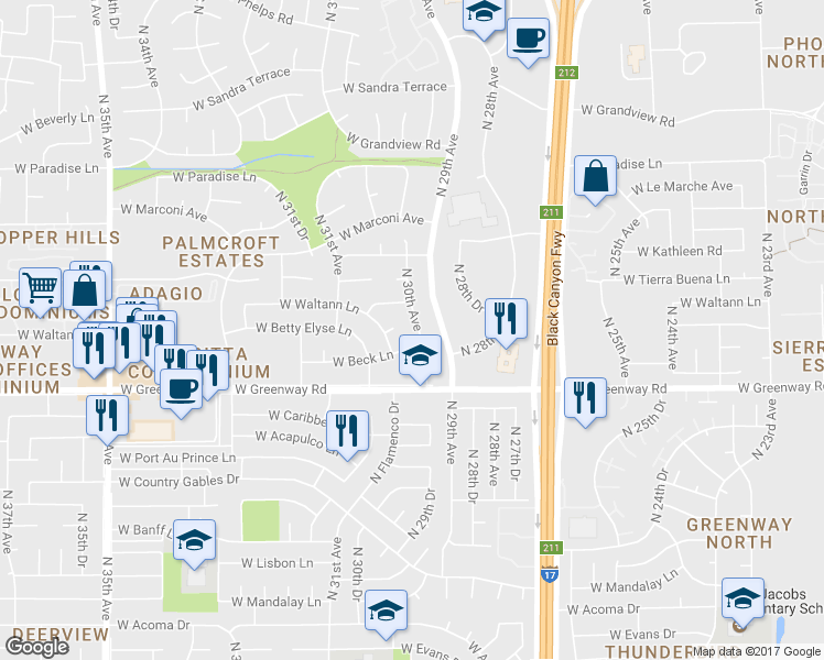 map of restaurants, bars, coffee shops, grocery stores, and more near 15448 North 30th Avenue in Phoenix