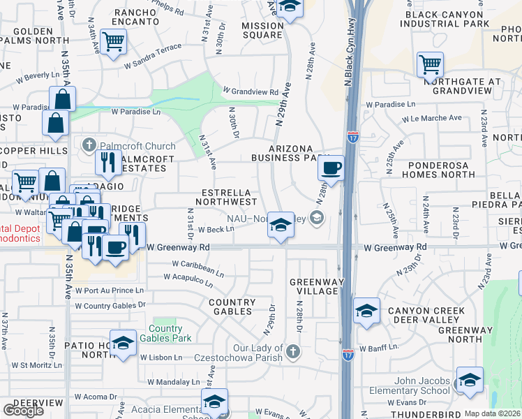 map of restaurants, bars, coffee shops, grocery stores, and more near 15448 North 30th Avenue in Phoenix