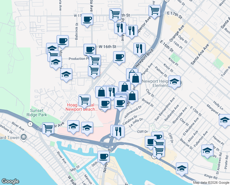 map of restaurants, bars, coffee shops, grocery stores, and more near 4000 Hilaria Way in Newport Beach