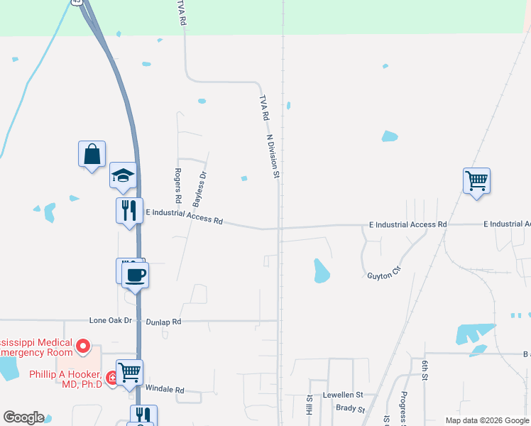 map of restaurants, bars, coffee shops, grocery stores, and more near 103 East Industrial Access Road in West Point