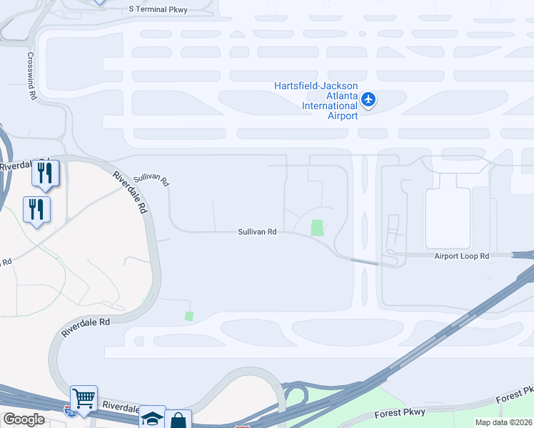 map of restaurants, bars, coffee shops, grocery stores, and more near 1490 Sullivan Road in Atlanta