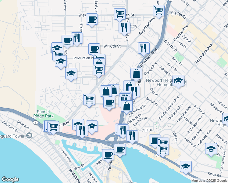 map of restaurants, bars, coffee shops, grocery stores, and more near 4142 Patrice Road in Newport Beach