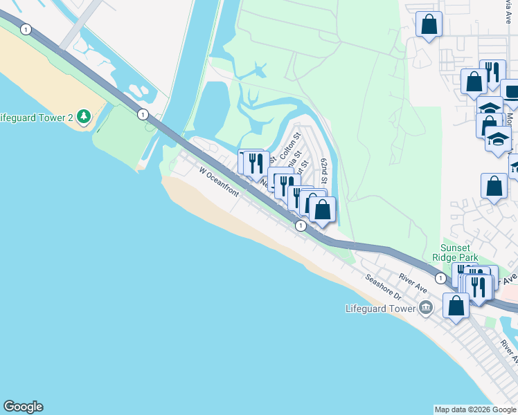 map of restaurants, bars, coffee shops, grocery stores, and more near 6601 Seashore Drive in Newport Beach