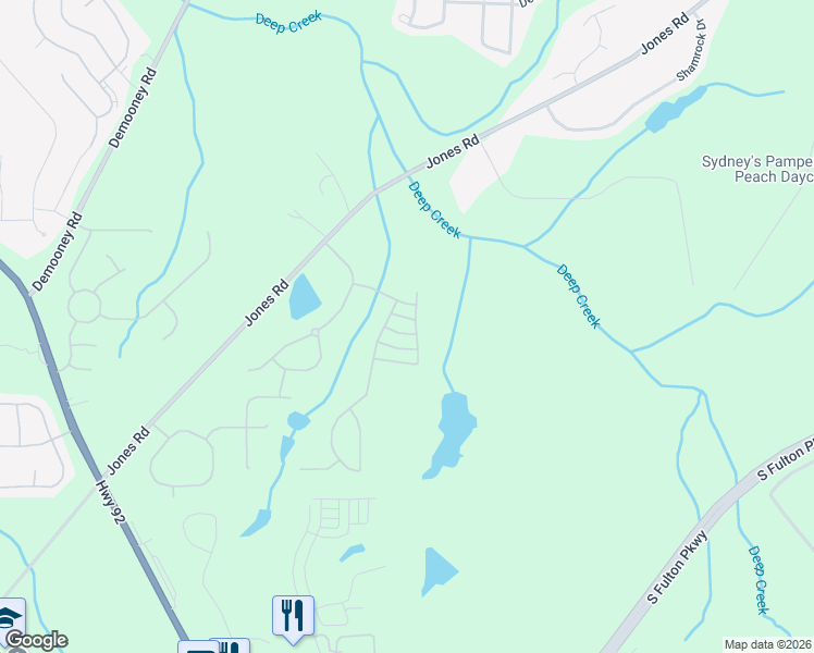 map of restaurants, bars, coffee shops, grocery stores, and more near 6733 Lake Erie Lane in Fairburn