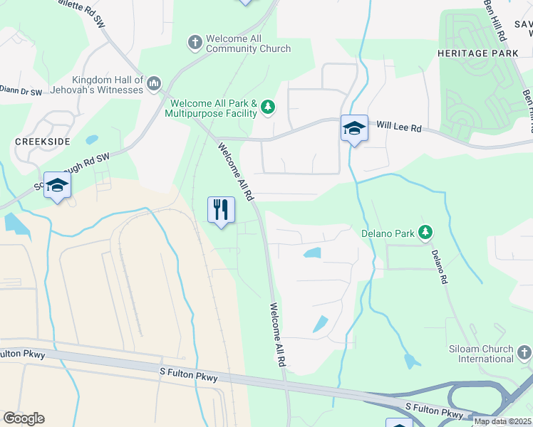 map of restaurants, bars, coffee shops, grocery stores, and more near 4700 Welcome All Road in College Park