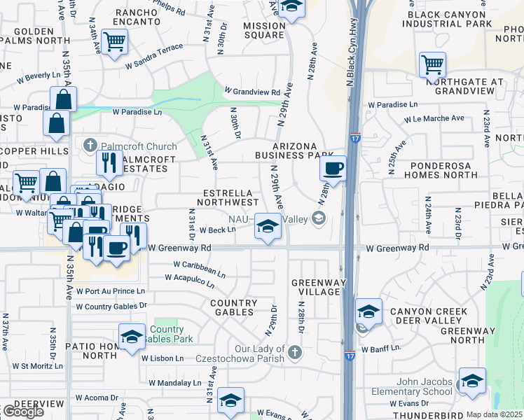 map of restaurants, bars, coffee shops, grocery stores, and more near 15448 North 30th Avenue in Phoenix