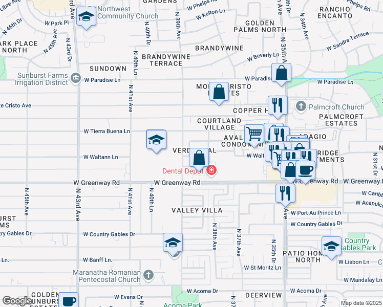 map of restaurants, bars, coffee shops, grocery stores, and more near 3834 West Waltann Lane in Phoenix
