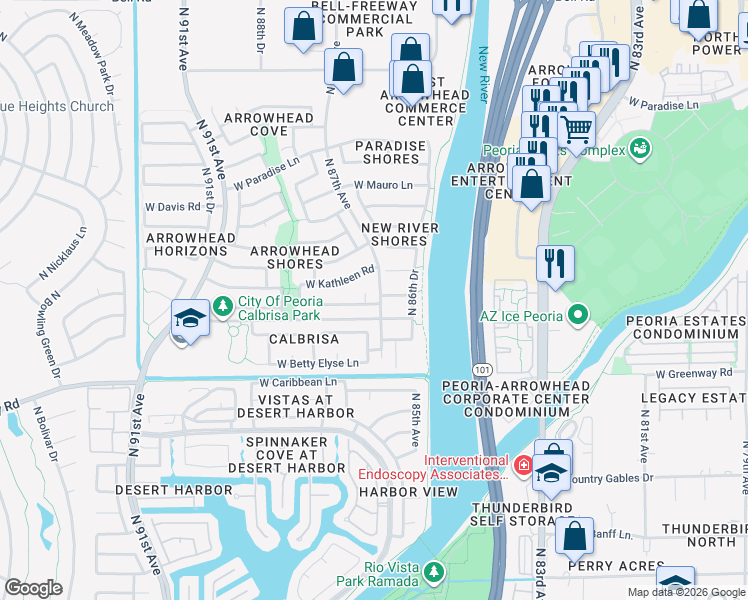map of restaurants, bars, coffee shops, grocery stores, and more near 8719 West Tierra Buena Lane in Peoria