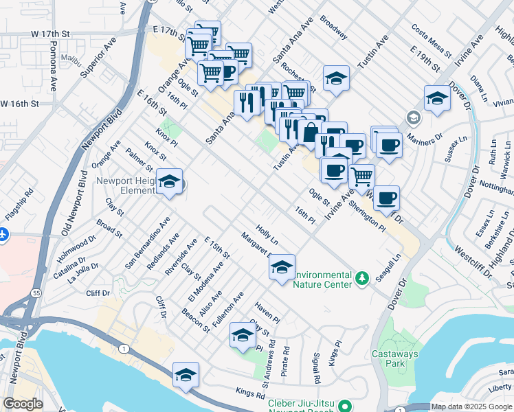 map of restaurants, bars, coffee shops, grocery stores, and more near 736 Tustin Avenue in Newport Beach