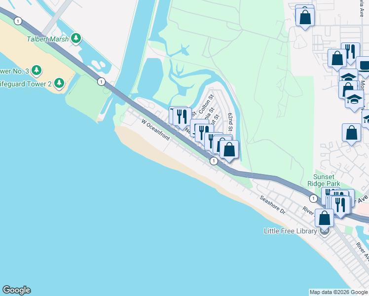 map of restaurants, bars, coffee shops, grocery stores, and more near 5626 Seashore Drive in Newport Beach