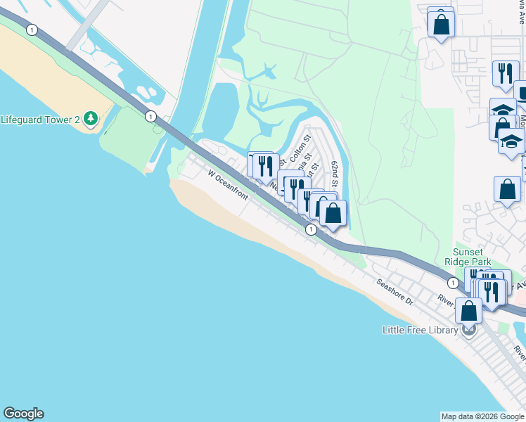 map of restaurants, bars, coffee shops, grocery stores, and more near 6608 West Oceanfront in Newport Beach