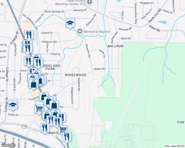 map of restaurants, bars, coffee shops, grocery stores, and more near 4681 Shaded Oak Lane in Forest Park