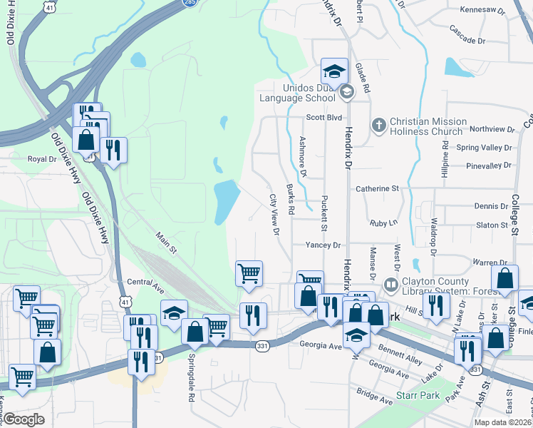 map of restaurants, bars, coffee shops, grocery stores, and more near 4681 City View Drive in Forest Park