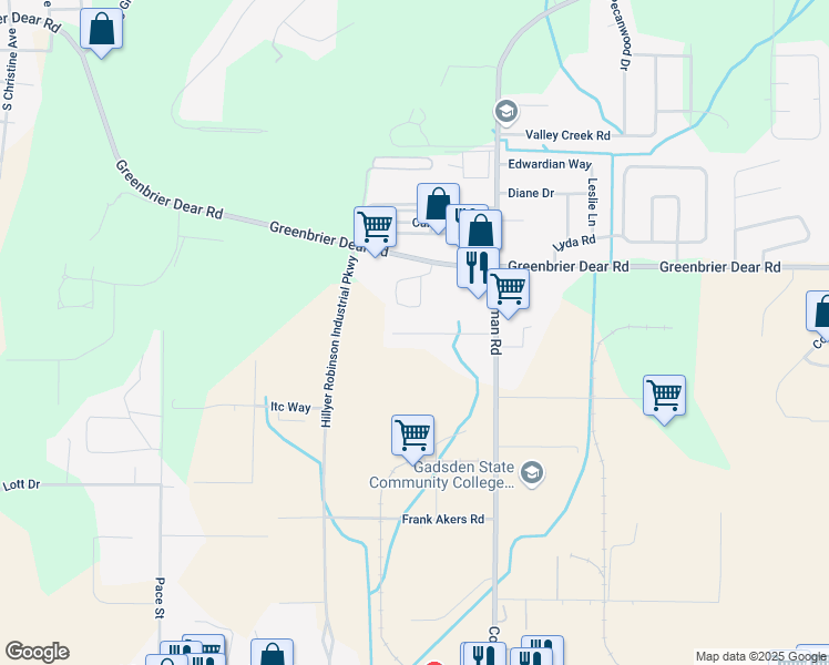 map of restaurants, bars, coffee shops, grocery stores, and more near 1528 Warrior Road in Anniston