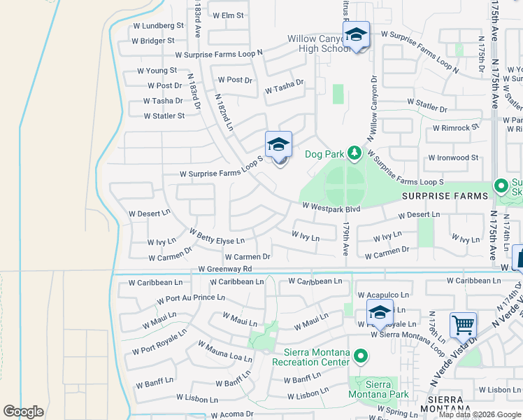 map of restaurants, bars, coffee shops, grocery stores, and more near 18112 West Ivy Lane in Surprise