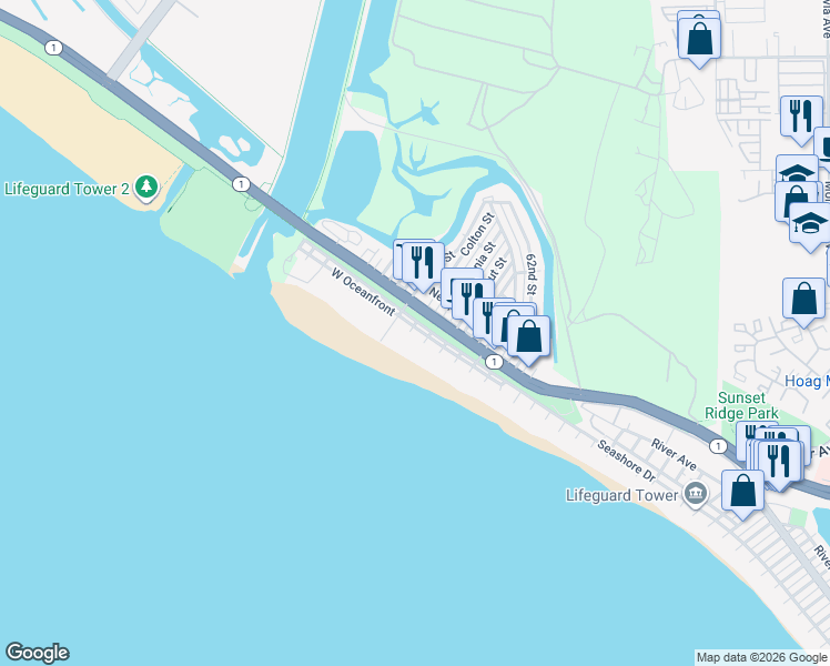 map of restaurants, bars, coffee shops, grocery stores, and more near 6608 West Oceanfront in Newport Beach