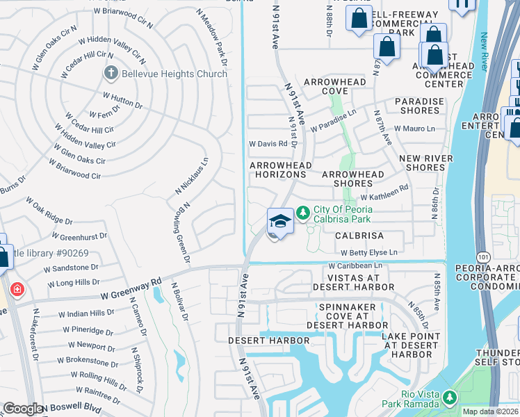 map of restaurants, bars, coffee shops, grocery stores, and more near 15656 North 91st Drive in Peoria
