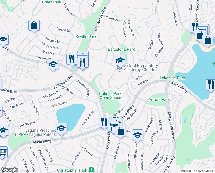 map of restaurants, bars, coffee shops, grocery stores, and more near 26962 Vía Escorial in Mission Viejo