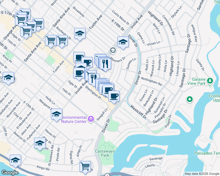 map of restaurants, bars, coffee shops, grocery stores, and more near 1800 Westcliff Drive in Newport Beach